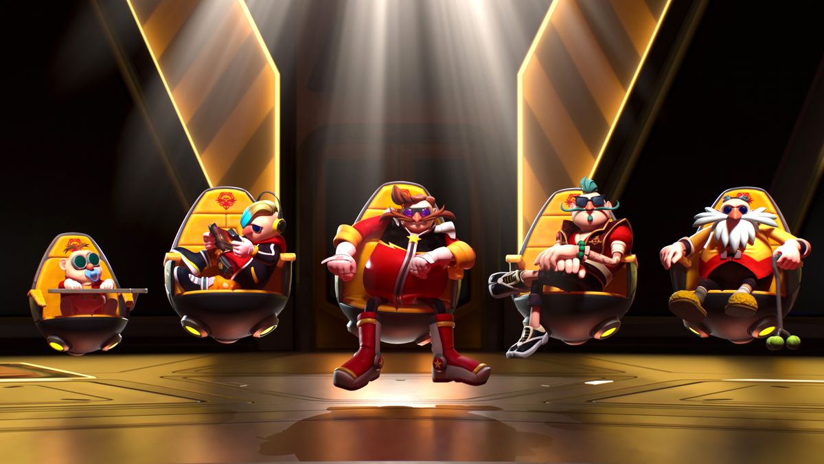 alternate versions of Robotnix, from a baby to an old man, sit in floating chairs in Sonic Prime