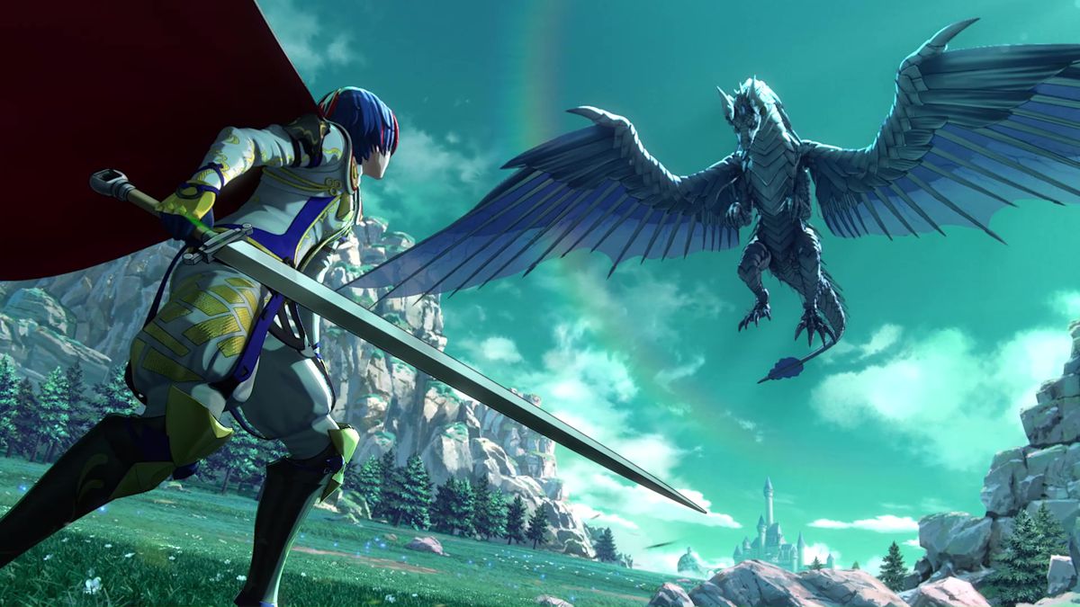 The male version of Alear faces down a dragon in a screenshot from Fire Emblem Engage