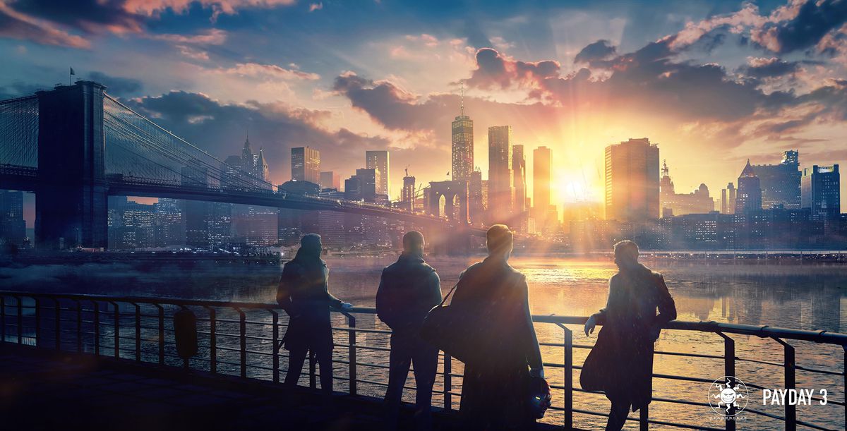 Artwork of Payday 3, featuring four men standing near New York’s East River and the Brooklyn Bridge, looking at a cloudy sunset over Manhattan