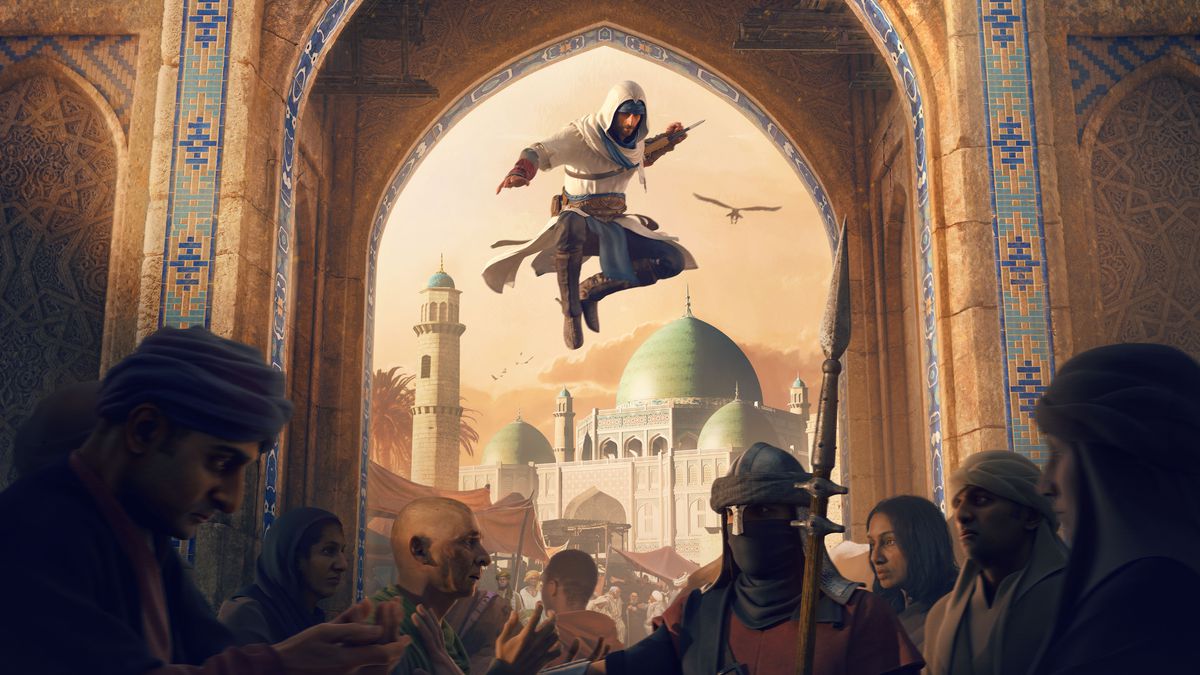 Basim từ Assassin's Creed Mirage nhảy xuống từ phía trên một đám người