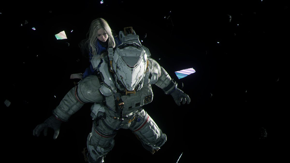 A young girl rides on the back of a masked astronaut against a black background in a screenshot from Pragmata