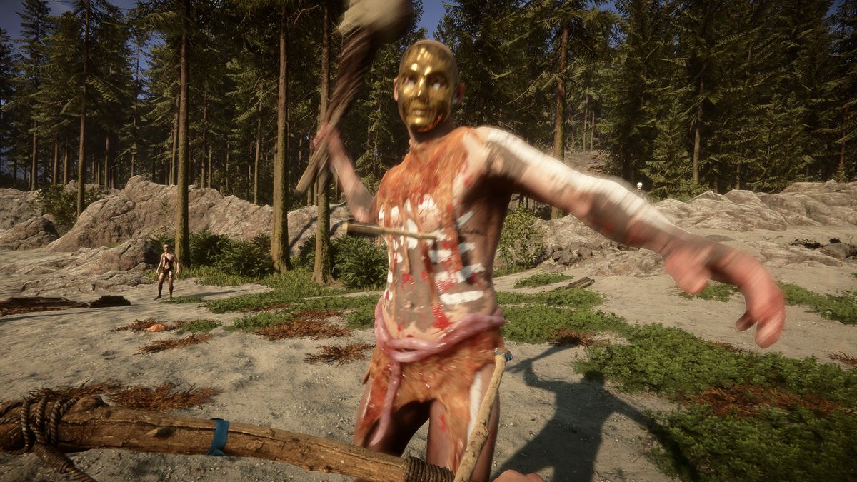 A gold mask-wearing cannibal draped in skin and entrails swings a club at a bow-wielding player in first-person in Sons of the Forest