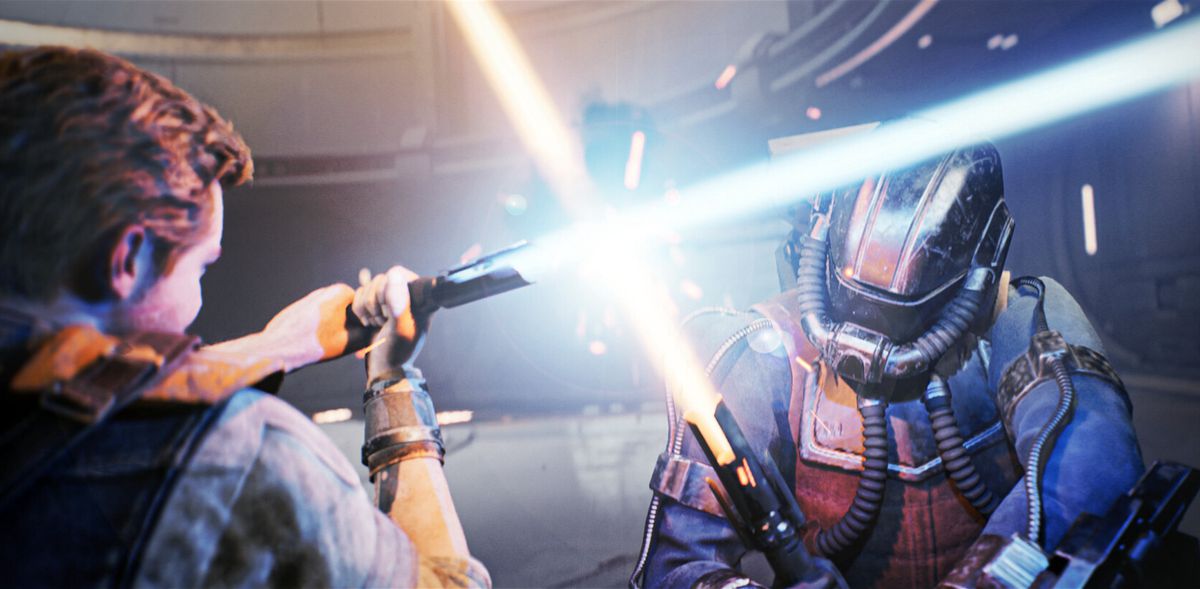 Cal Kestis는 Star Wars Jedi: Survivor의 스크린샷에서 가면을 쓴 적의 광선검을 차단합니다.