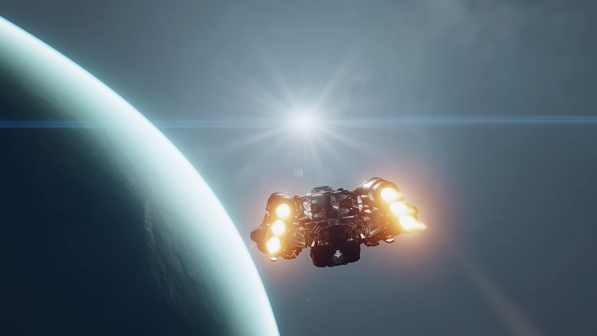 Una nave espacial con seis motores vuela hacia una estrella y roza junto a un gran planeta azul
