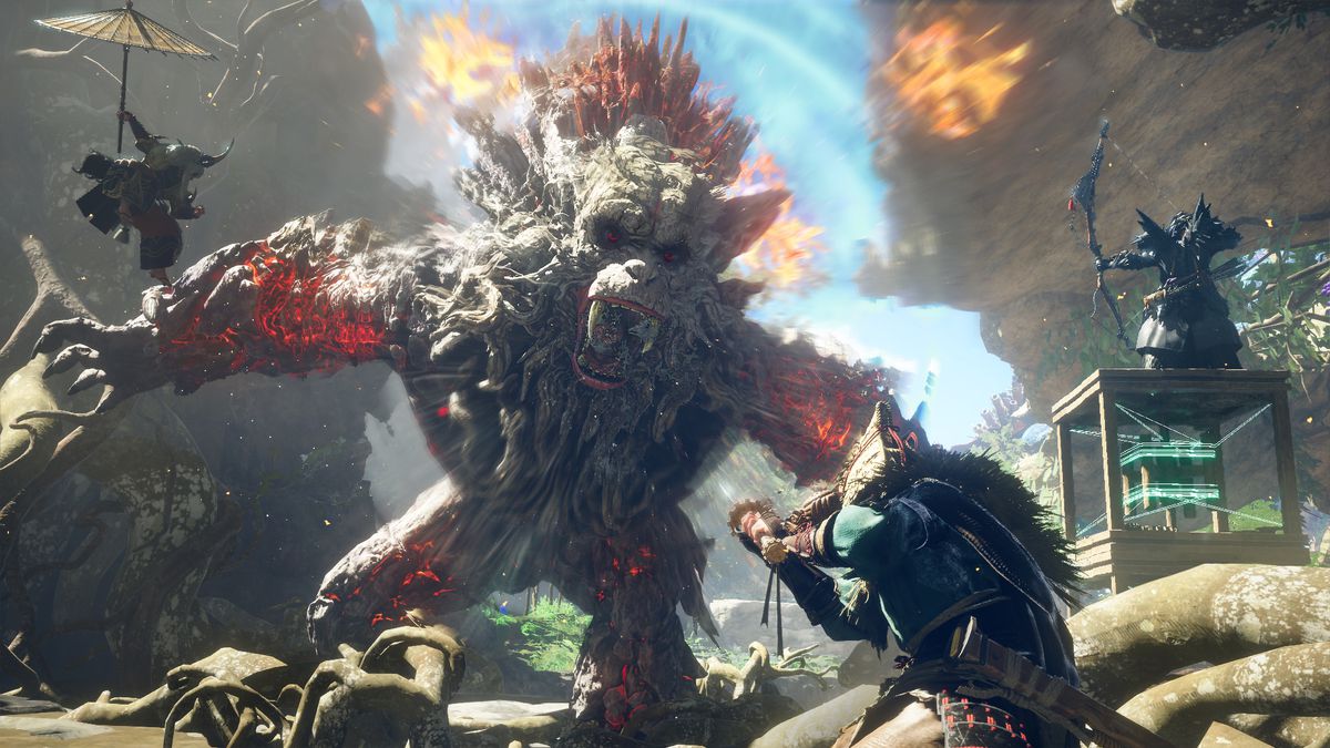Three warriors — armed with bow and arrow, sword, and an umbrella —&nbsp;attack a giant, smoldering ape-like creatures in a valley in a screenshot from Wild Hearts