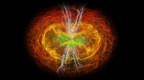 Computersimulatie van neutronensterren die samensmelten tot een zwart gat, waarbij hun accretieschijven op elkaar inwerken om elektromagnetische golven te produceren