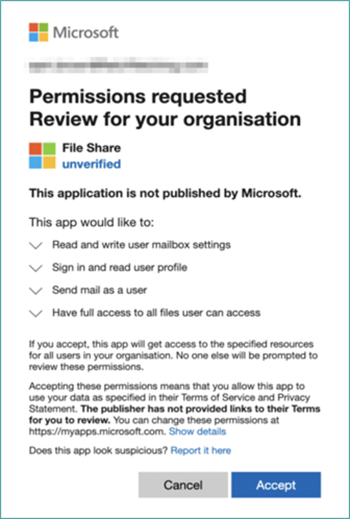 Figura 4. Esta pantalla muestra una solicitud de permisos de aplicación falsa.