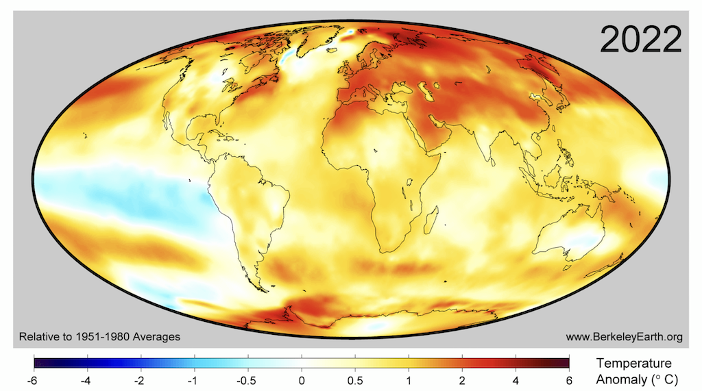 Anomalías de temperatura superficial para 2022 de Berkeley Earth. Tenga en cuenta que Berkeley usa una línea de base de 1951-80 para calcular anomalías.