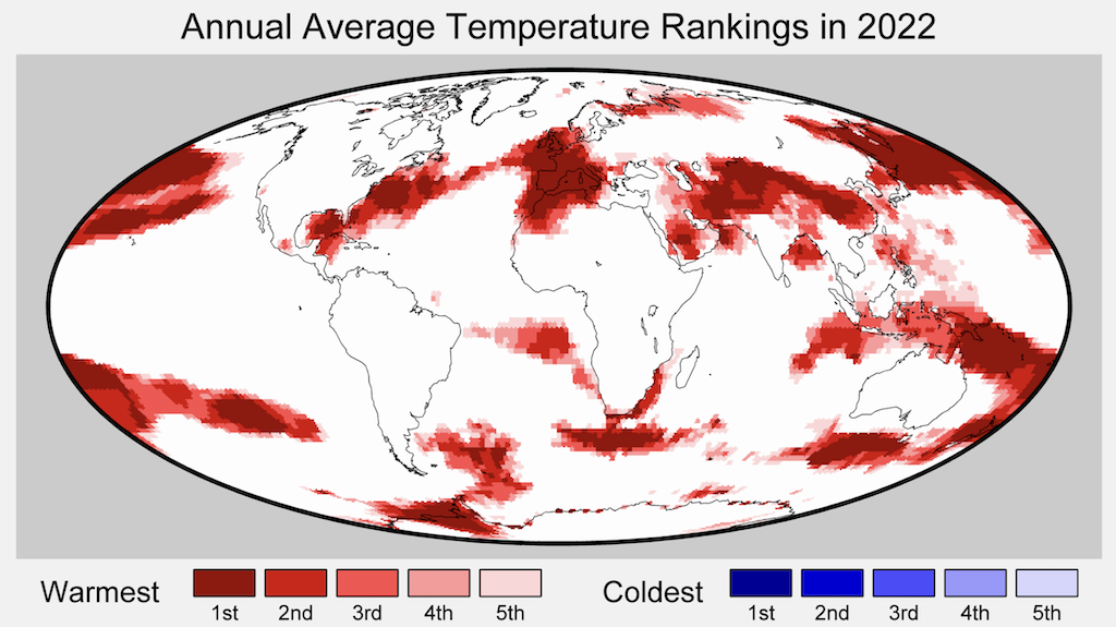 Regions of the world among the five warmest (reds) of five coolest (blues) on record for average annual temperatures in 2022. Figure from Berkeley Earth.