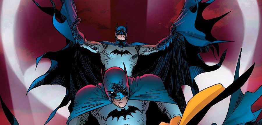 Batman (Bruce Wayne) en Batman (Dick Grayson) springen door de lucht op de cover van Batman & Robin #16 (2011).