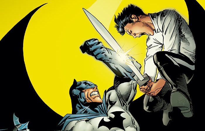 Damian Wayne valt zijn vader, Batman, aan met een zwaard op de cover van Batman # 657 (2006).