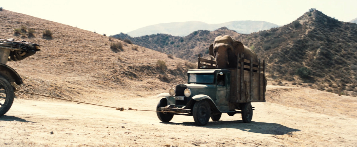 فيل في شاحنة يتم جره فوق تل ترابي بواسطة سيارة أخرى خارج الشاشة في بابل