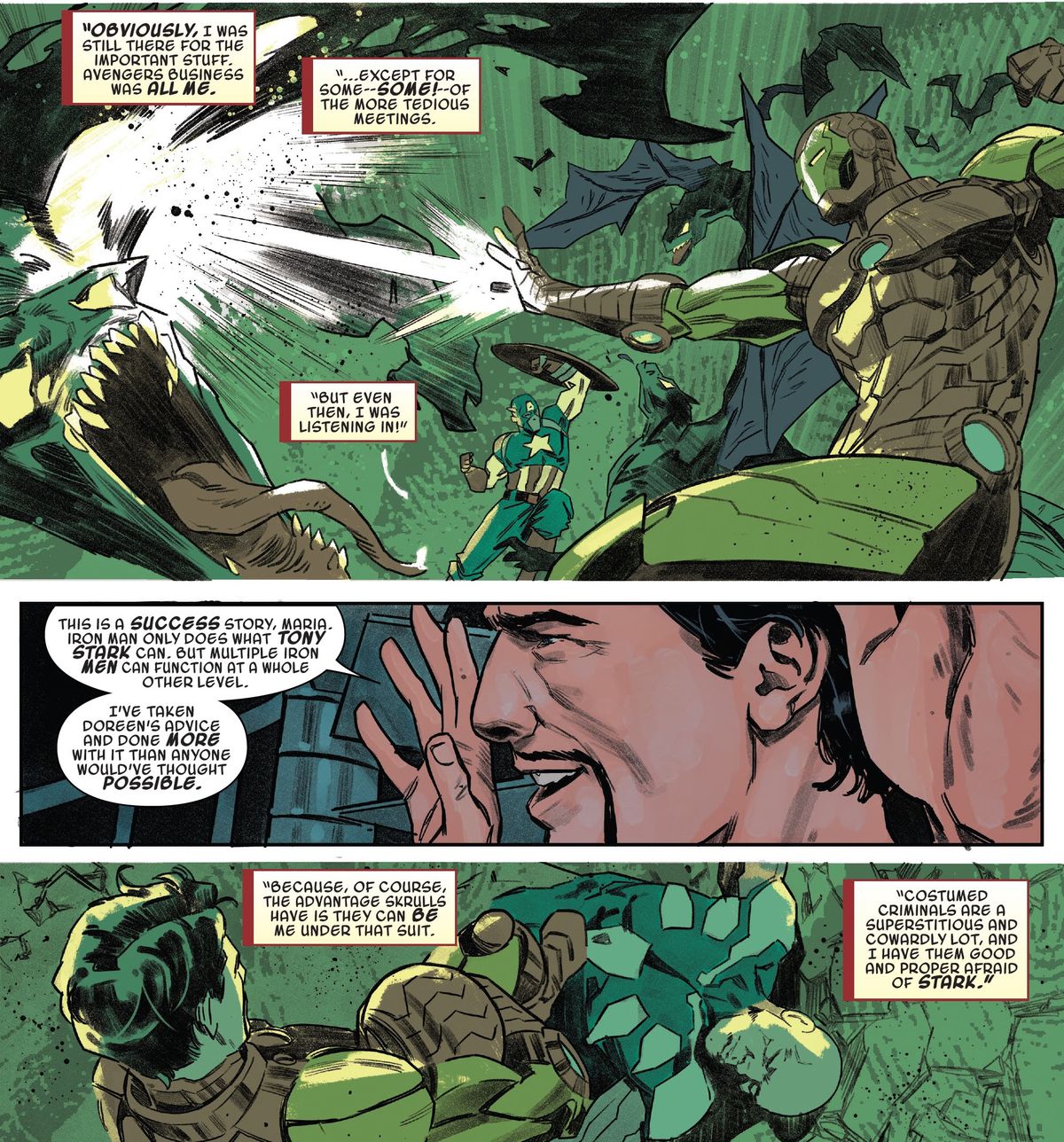 Iron Man explains that his plan to hire Skrulls to pretend to be him and do superhero work was inspired by Squirrel Girl. “I’ve taken Doreen’s advice and done more with it than anyone would’ve thought possible,” in Secret Invasion #3. 