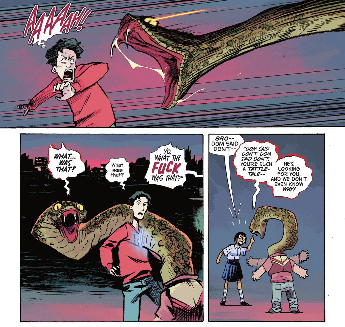 A giant snake suddenly attacks a screaming boy — and passes right through him because they are both ghosts. In fact the giant snake is actually coming out of the neck of a normal boy ghost. “What the fuck was that?!” they both yell. “Bro,” a girl yells at the snake boy, “Dom said don’t —” He protests back at her, his snake head wobbling and his arms gesturing emphatically and hilariously in The Sandman Universe: Dead Boy Detectives #1. 