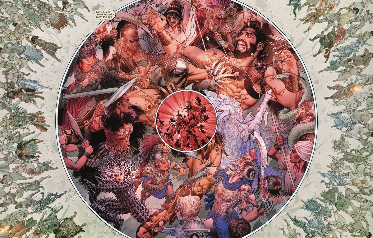 A series of concentric circles depicts the Amazons rending Hercules limb from limb. An outer circle of standing Amazons, a large inner circle of furious Amazons stabbing, slashing, and beating him as he screams, and a small center circle of ants overwhelming a preying mantis in Wonder Woman Historia: The Amazons #3. 