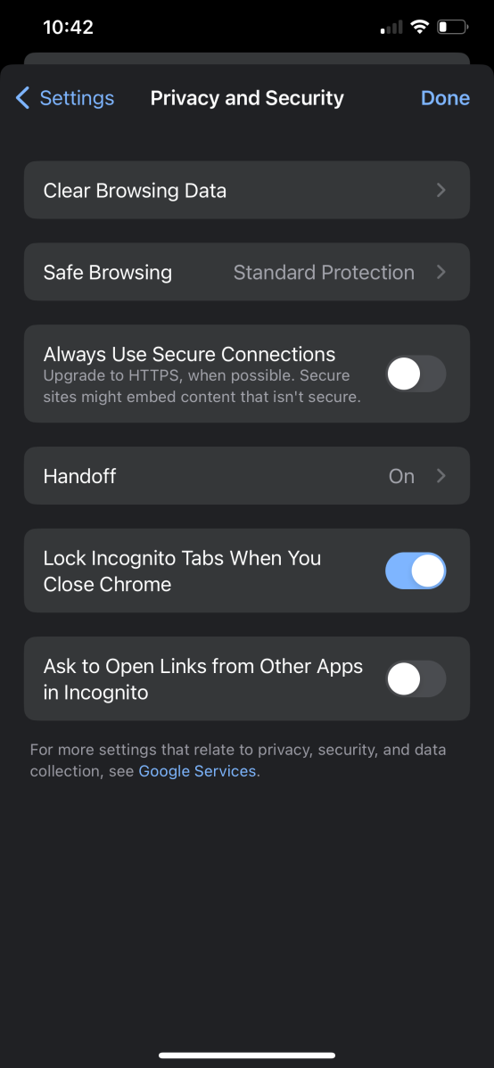 Settings for Locking Incognito Tabs in Chrome on iOS