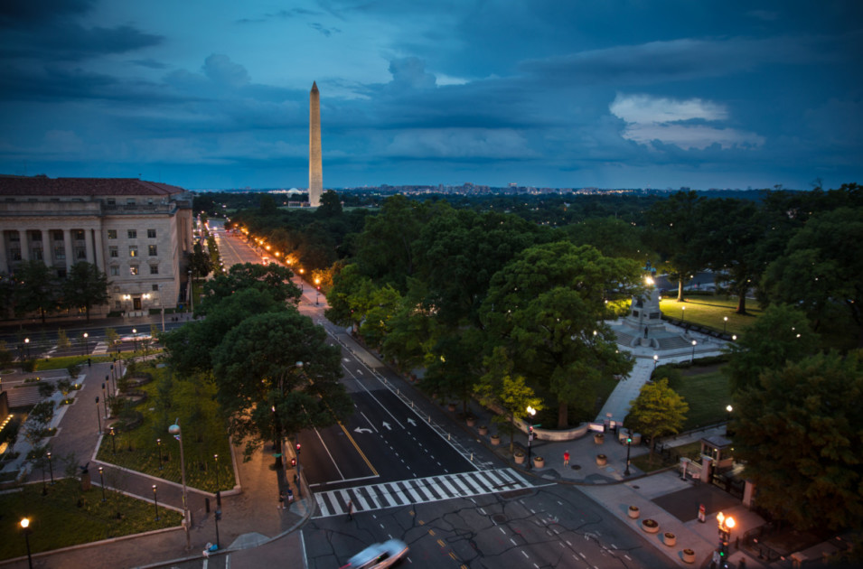 Aerial view of th national mall at night, a great date night idea in DC