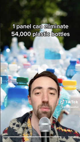 A screen grab of a TikTok saying '1 panel can eliminate 54,000 plastic bottles" over a background of empty plastic bottles. A white man with short brown hair and a brown mustache is speaking into a microphone.