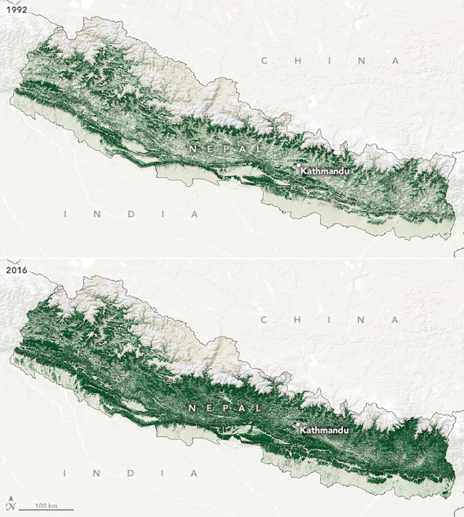 Rừng bao phủ Nepal Nepal năm 1992 và 2016. Hình ảnh: NASA Earth Observatory