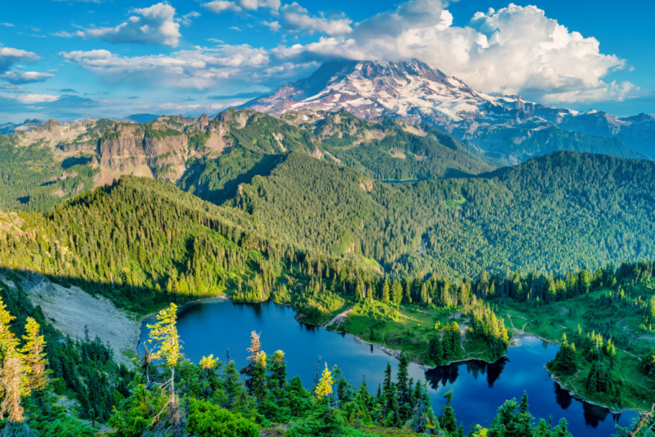 Mount Rainier and Eunice Lake as seen from Tolmie Peak in Washington state, USA.
