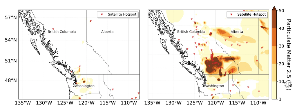 Smoke concentration and satellite hotspots (indicating likely wildfire activity) for pre-heatwave conditions (left) and post-heatwave conditions (right). Source: White et al. (2023).