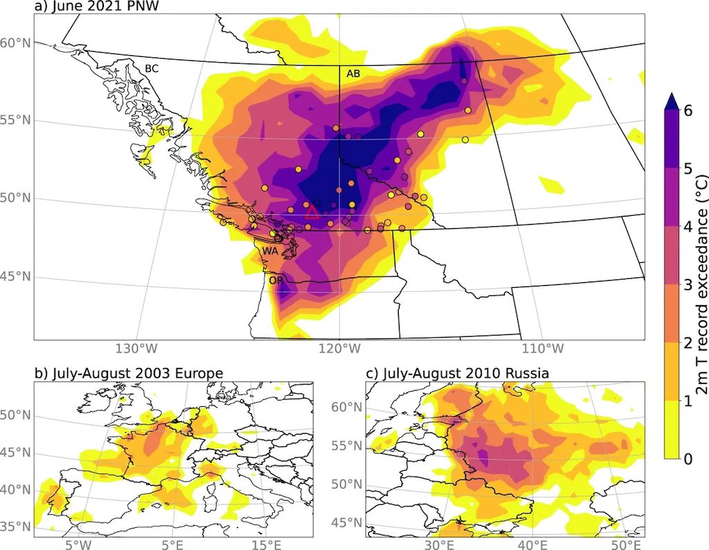 Exceedance of previous record high temperatures by the June 2021 Pacific north-west heatwave, the July-August European heatwave of 2003, and the July-August Russian heatwave of 2010. Purple shading shows the areas that broke records by the largest margin. Source: White et al. (2023)