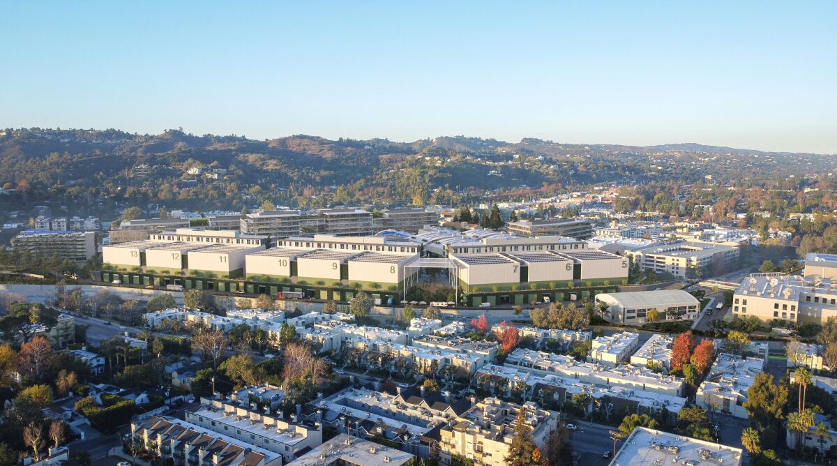 A rendering shows an aerial view of film studios nestled in Studio City.