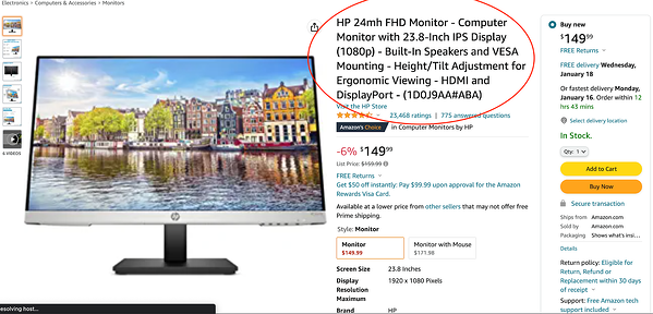 product title on Amazon for desktop monitor showing brand and product name as well as specific features of the product