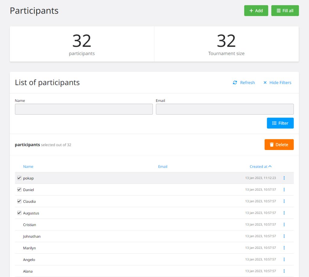 View of the participants list dashboard of Toornament