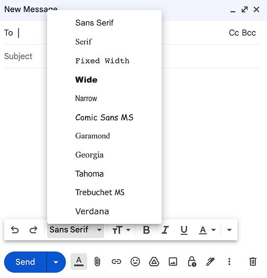 εικόνα της λίστας γραμματοσειρών του Gmail