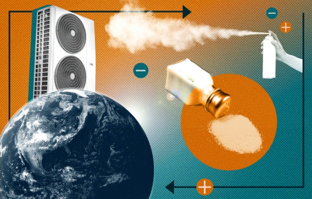 Deze collage toont elementen die verband houden met ionocalorische koeling, een nieuw ontwikkelde koelcyclus waarvan onderzoekers hopen dat deze kan helpen om koudemiddelen die bijdragen aan de opwarming van de aarde geleidelijk af te bouwen.
