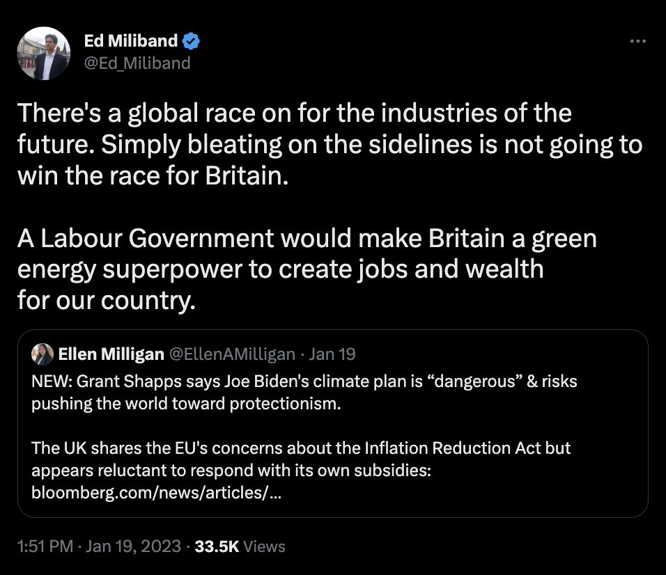 Tweet by Ed Miliband on Inflation Reduction Act