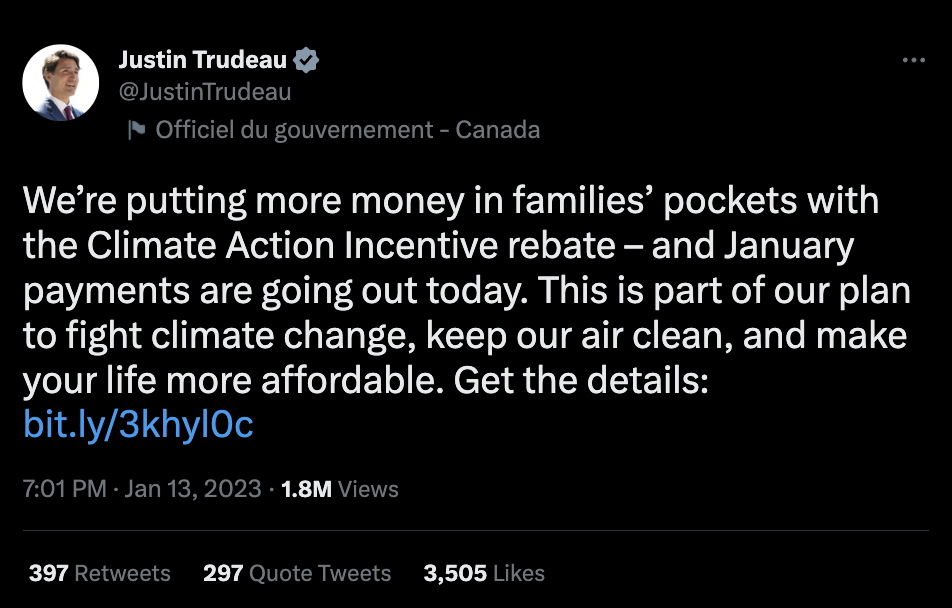 Tweet door Justin Trudeau over Inflation Reduction Act