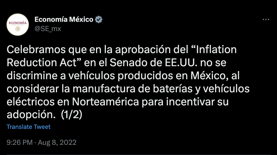 Tweet by Economia Mexico about the Inflation Reduction Act.