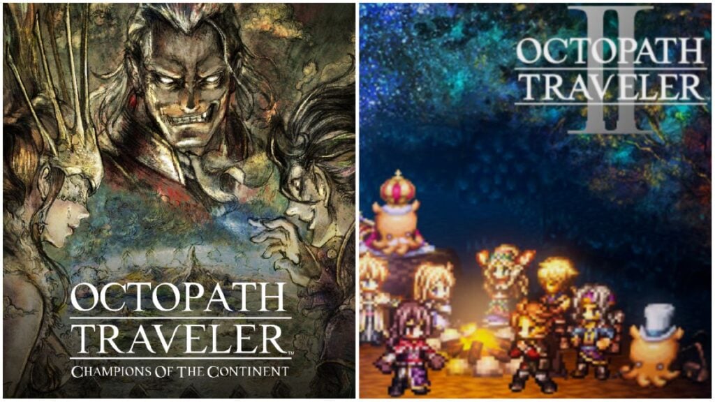 feature image for our octopath traveler cotc event news article, the image features promo art for octopath traveler cotc with the game's logo and sketches of 3 characters looking towards the middle of the picture, and drawings of pixelated characters from octopath traveler 2 as well as the game's logo with the roman numerals for 2 behind the text