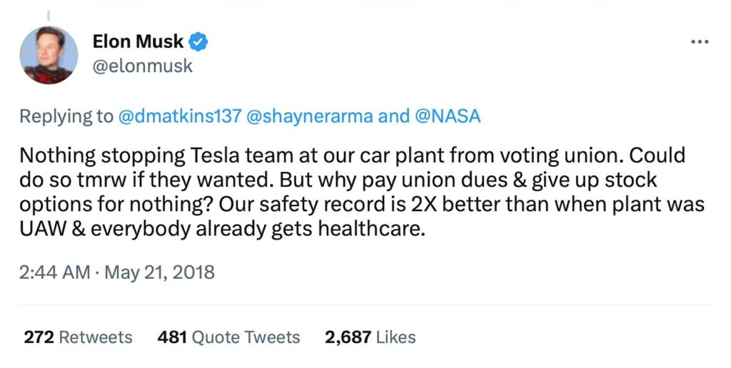 Musk union slam tweet one
