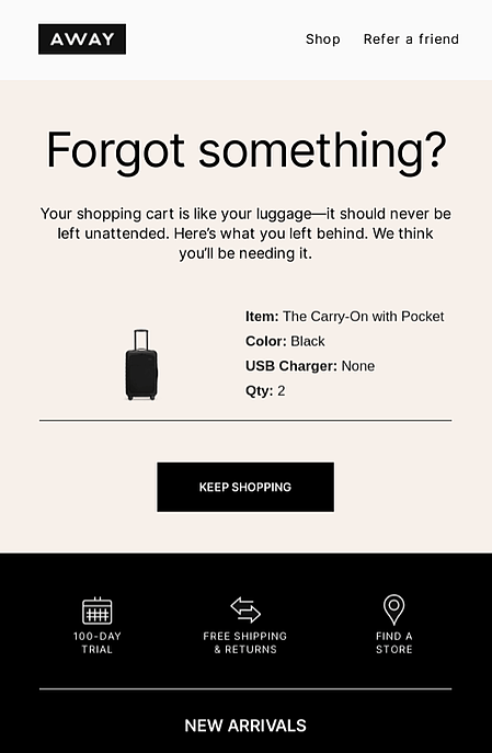 abandoned cart email examples: away