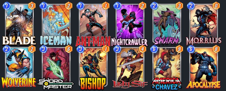 A Marvel Snap deck with Blade, Iceman, Ant-Man, Nightcrawler, Swarm, Morbius, Wolverine, Sword Master, Bishop, Lady Sif, America Chavez, Apocalypse