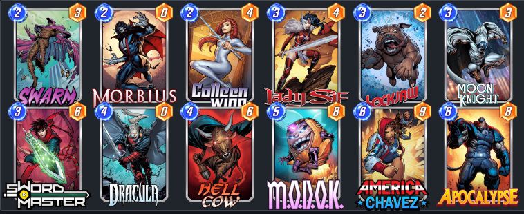 A Marvel Snap deck with Morbius, Swarm, Colleen Wing, Lockjaw, Moon Knight, Lady Sif, Sword Master, Dracula, Hell Cow, MODOK, Apocalypse, America Chavez