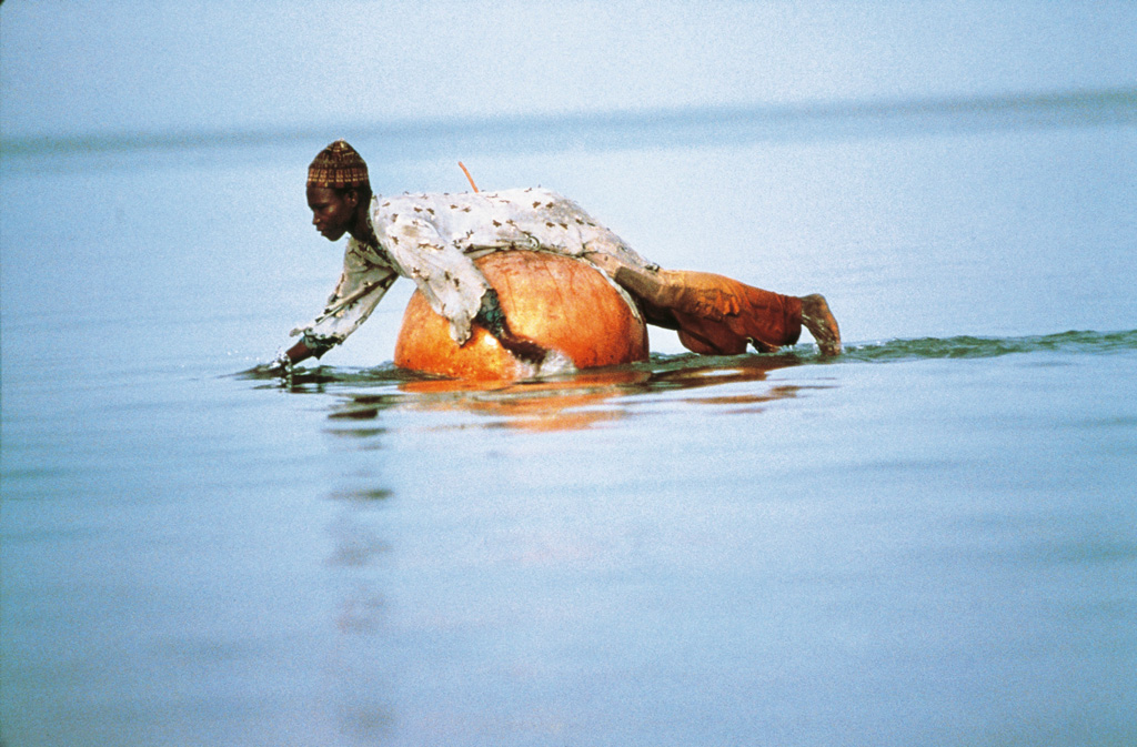 Visser terwijl hij drijft op een pompoen die vis bevat die met netten is gevangen, het Tsjaadmeer. Krediet: Universal Images Group North America LLC / DeAgostini / Alamy Stock Photo.