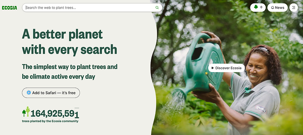 Principaux moteurs de recherche, page d'accueil d'Ecosia.