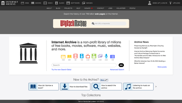 Top search engines, Internet Archive homepage.