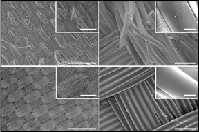 Hình ảnh vải nylon-6,6 không tráng phủ (phía trên bên trái, bên phải) và có tráng phủ (phía dưới bên trái, bên phải) sau chín chu trình giặt được chụp bằng kính hiển vi điện tử quét. TÍN DỤNG Hình ảnh: Sudip Lahiri