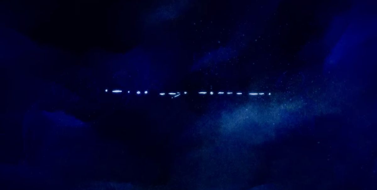 A morse code sequence hovering against a blue and black watercolor background