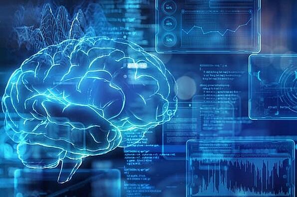 디지털 두뇌는 AI를 나타내는 일련의 데이터와 선을 오버레이합니다.