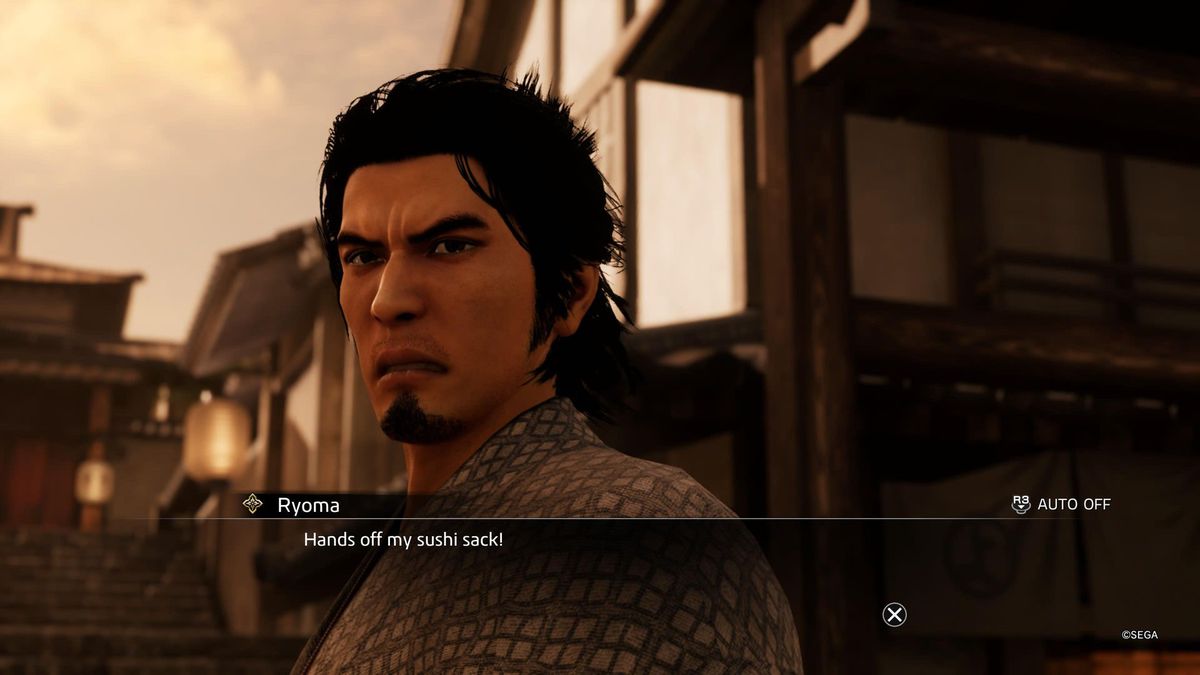 Ryoma stares intensely after his clothing was stolen during a substory for Like a Dragon: Ishin!