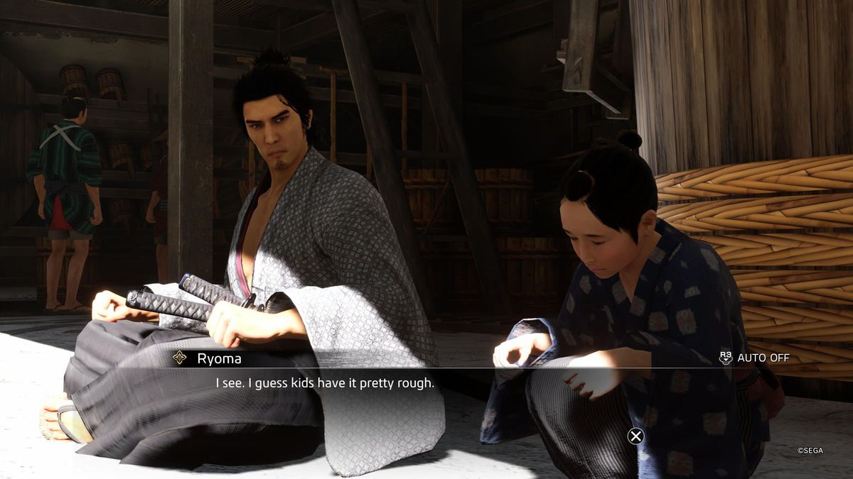 Ryoma sits next to a child on a sunny day during a substory in Like a Dragon: Ishin!