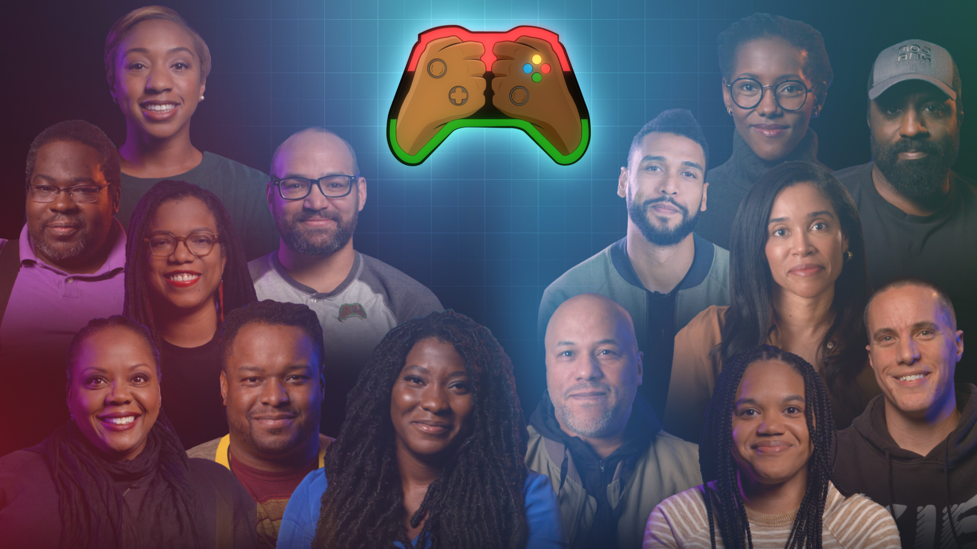 Une manette Xbox avec deux mains fermées dessus avec différents tons de peau et les mots "Project Amplify" sur un arrière-plan avec les images de profil de 14 personnes.