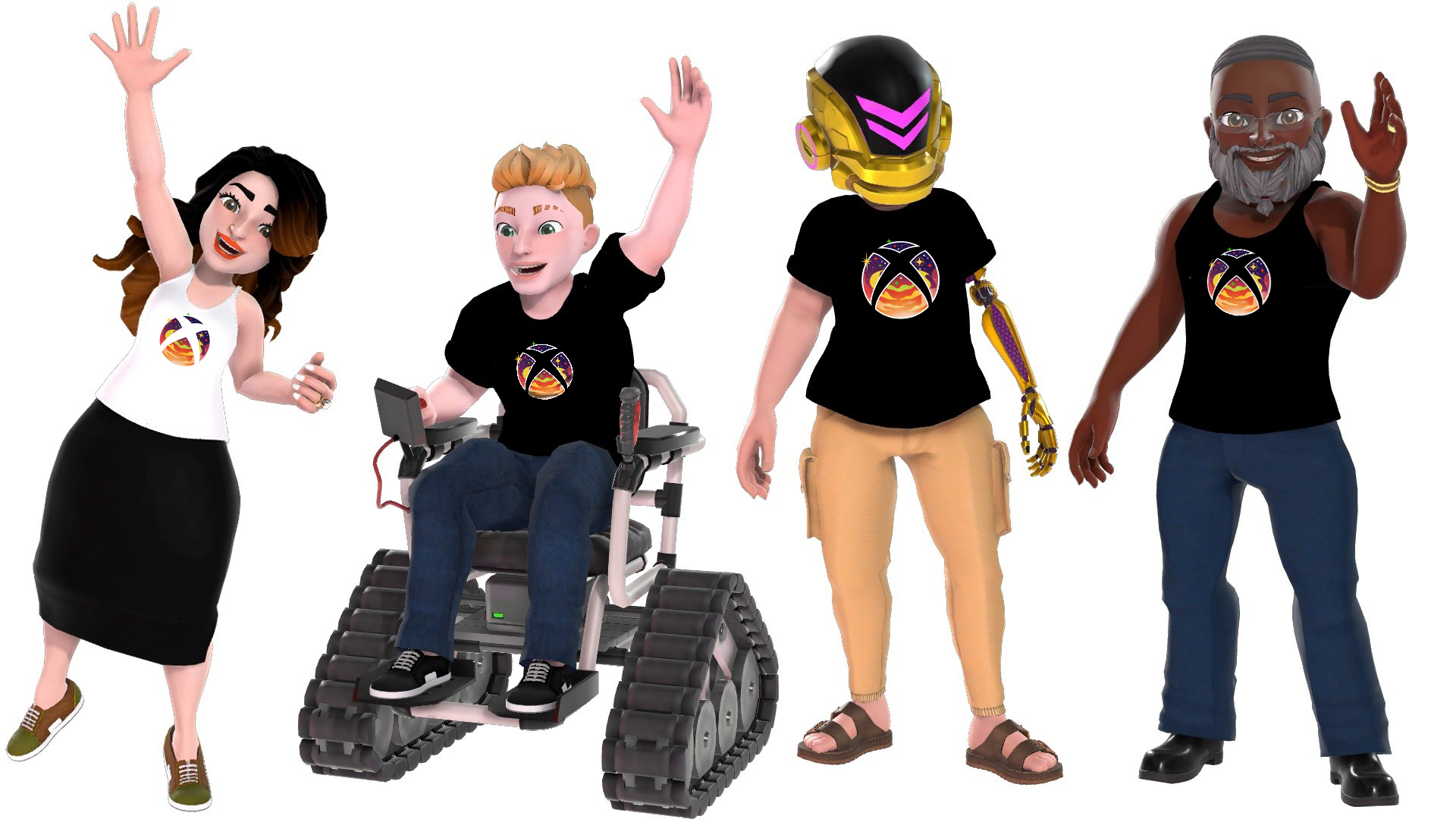 Quatre personnages d'avatars divers portant le lien Xbox Sunset sur leurs hauts pour célébrer le Mois de l'histoire des Noirs.