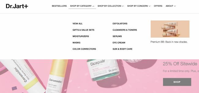 Product categories examples: Dr. Jart+